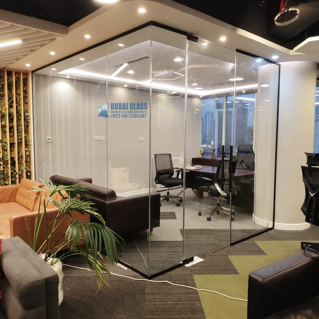 full-height black-framed office glass divider contact