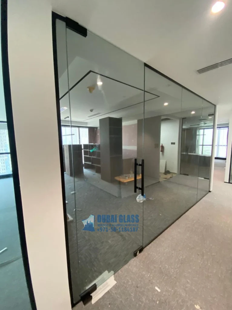 black-framed office glass divider