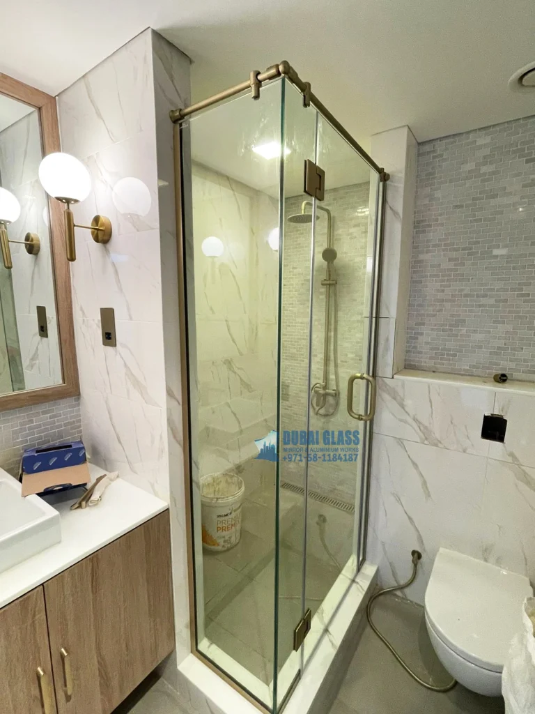 Corner shower glass partition with custom colored panels