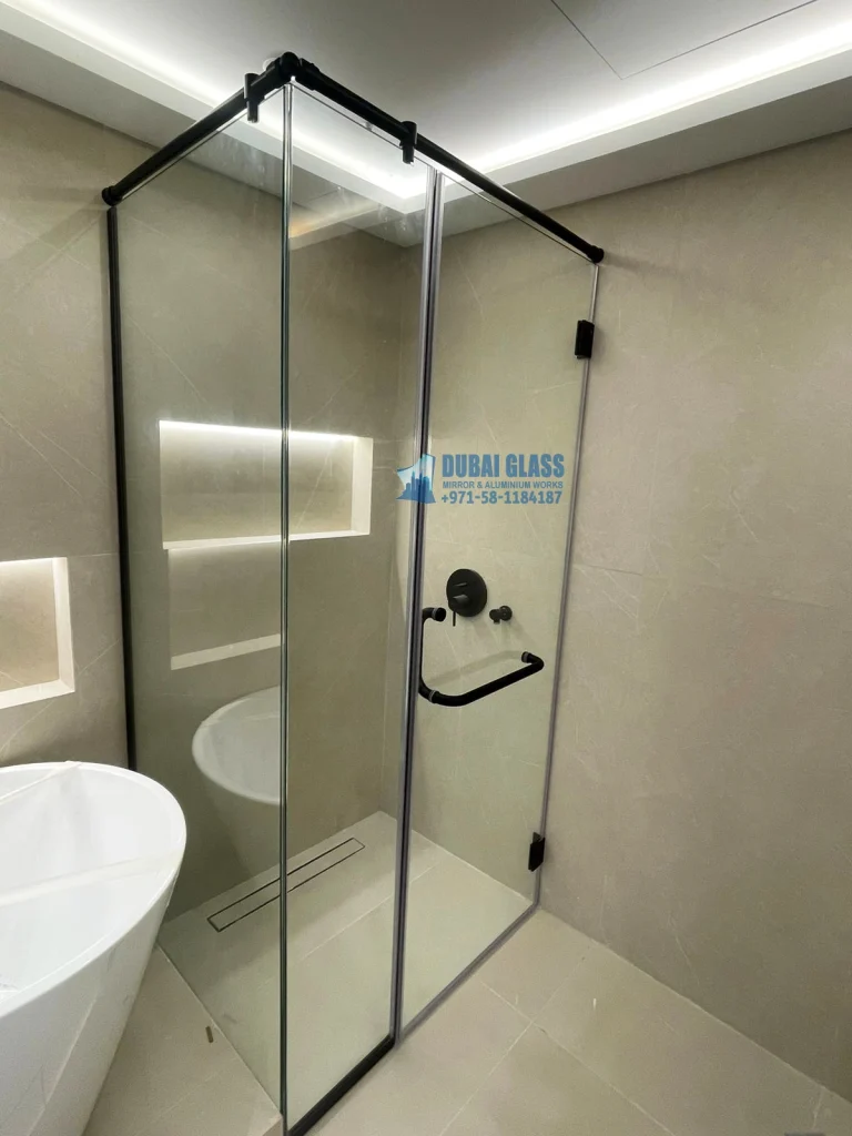 Corner swing glass shower doors black finish Dubai – Dubai Glass Works