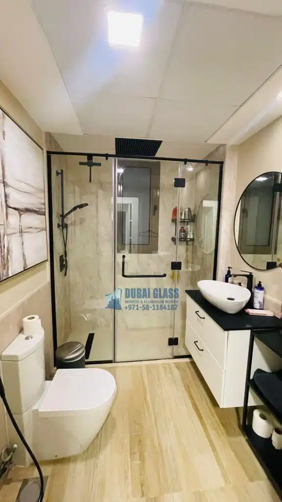 black-framed swing shower enclosure